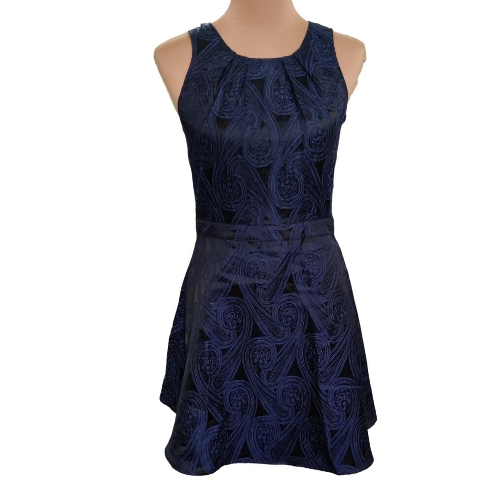 Miami Womens Dress Mini Fit and Flare Cocktail Party Paisley Black Blue Sz M